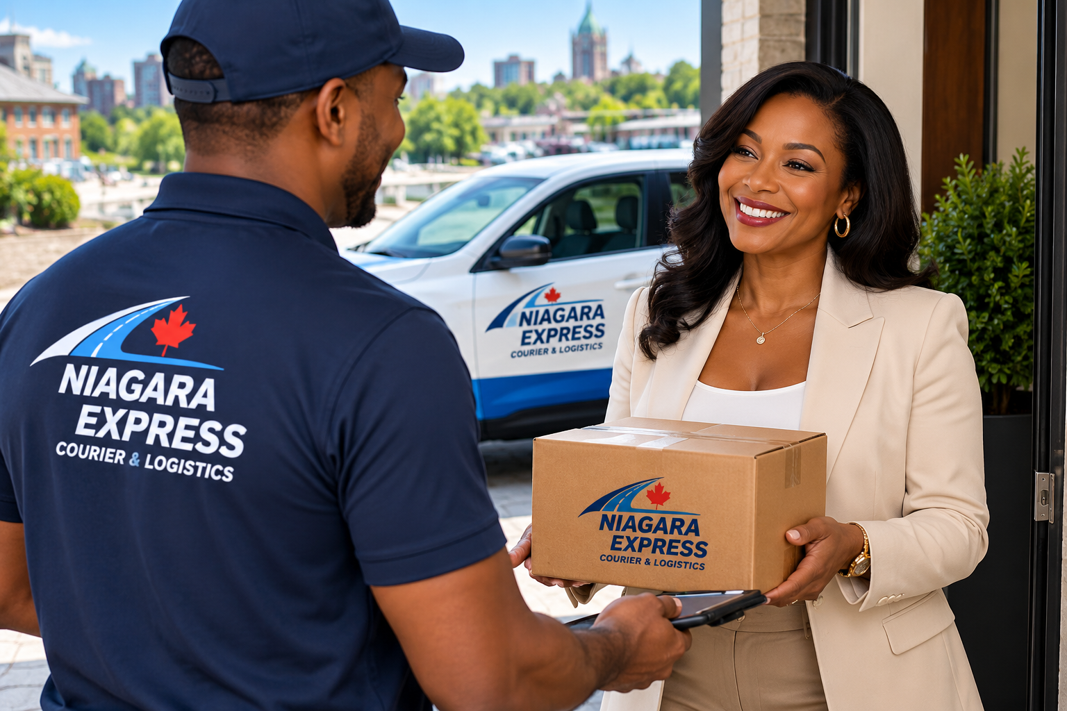 Happy customer receiving a Niagara Express delivery